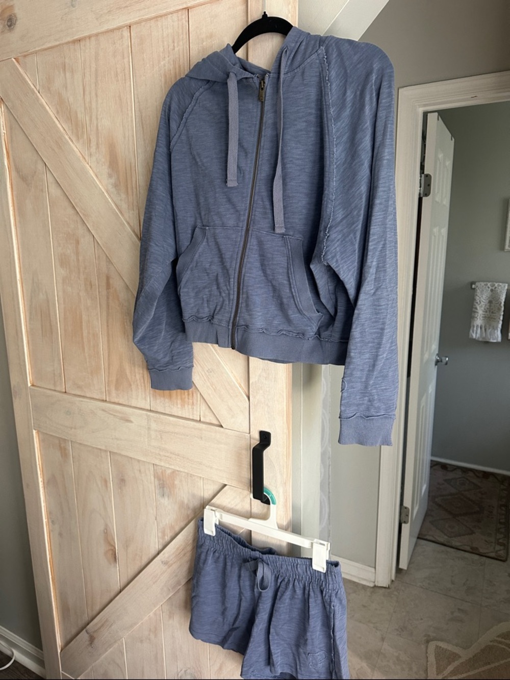 PINK Victoria's Secret Heathered Slate Blue Zip Hoodie & Shorts Set